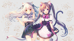 Rule 34 | 2girls, animal ear fluff, animal ears, apron, azu torako, bare arms, bare shoulders, black dress, bobby socks, bow, breasts, brown eyes, brown hair, brown skirt, cat ears, cat girl, cat tail, commentary request, dress, frilled apron, frills, long hair, medium breasts, multiple girls, original, puffy short sleeves, puffy sleeves, purple eyes, shirt, short sleeves, silver hair, skirt, socks, tail, tail bow, tail ornament, tail raised, thighhighs, twintails, underboob, very long hair, waist apron, white apron, white legwear, white shirt, wrist cuffs