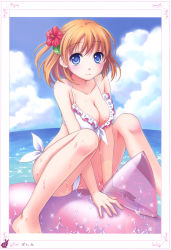 Rule 34 | 1girl, absurdres, bikini, blue eyes, breasts, cleavage, cloud, day, flower, framed, frilled bikini, frills, front-tie top, ginta, hair flower, hair ornament, hibiscus, highres, image sample, inflatable dolphin, inflatable toy, large breasts, orange hair, side-tie bikini bottom, sky, smile, solo, sparkle, swimsuit, wet