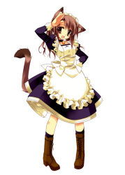 Rule 34 | 1girl, animal ears, bell, boots, brown eyes, brown hair, cat ears, cat tail, choker, collar, maid, minazuki haruka, neck bell, pigeon-toed, ribbon, salute, simple background, smile, solo, standing, tail
