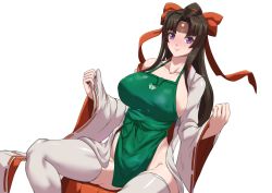 Rule 34 | 1boy, absurdres, apron, black hair, blush, breasts, closed mouth, collared shirt, hakama, headband, highres, iced latte with breast milk (meme), japanese clothes, kimono, large breasts, long hair, long sleeves, looking at viewer, meme, miko, musha miko tomoe, nearly naked apron, no panties, parted bangs, ponytail, purple eyes, queen&#039;s blade, red hakama, shirt, simple background, smile, thighhighs, tomoe (queen&#039;s blade), tomoe (queen&#039;s blade unlimited), tomoe (queen's blade), torahime (roland00), undressing, white kimono, white thighhighs, wide sleeves
