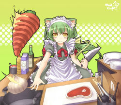 Rule 34 | animal ears, apron, bad id, bad pixiv id, carrot, cat ears, cooking, food, green hair, hair ribbon, highres, kitchen, knife, long hair, maid, maid apron, meat, onion, ponytail, ribbon, solo, zenn