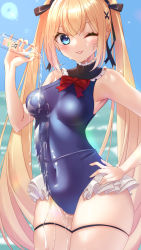 Rule 34 | 1girl, :p, absurdres, arm up, armpits, azur lane, blonde hair, blue eyes, blue one-piece swimsuit, bottle, breasts, covered navel, dead or alive, frilled swimsuit, frills, hair ornament, hairclip, hand on own hip, highres, long hair, looking at viewer, marie rose, one-piece swimsuit, one eye closed, outdoors, ribbon, seele0907, smile, solo, swimsuit, thigh strap, thighs, tongue, tongue out, twintails, very long hair, water, water bottle, wet, wet clothes, wet swimsuit