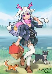 Rule 34 | 1girl, antlers, blue eyes, cat, forest, horns, jacket, looking at viewer, nature, original, pink eyes, river, scar, segamark, solo, squirrel, thighhighs, tree, white hair