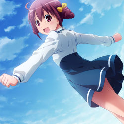 Rule 34 | 10s, 1girl, bow, cloud, day, hair bow, hoshizora miyuki, looking back, open mouth, outstretched arms, pink eyes, pink hair, precure, red hair, sayousuke, school uniform, short hair, skirt, sky, smile, smile precure!, solo, spread arms