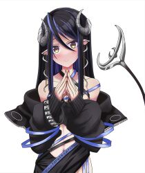 Rule 34 | 1girl, absurdres, black hair, black jacket, blue hair, blush, brown eyes, caduceus, closed mouth, commentary request, curled horns, demon girl, demon horns, demon tail, earrings, grey horns, hair between eyes, hebiyoi tier, hebiyoi tier (1st costume), highres, horns, jacket, jewelry, long hair, long sleeves, looking at viewer, minyon, multicolored hair, nanashi inc., navel, off shoulder, pointy ears, russian text, simple background, smile, snake bite, solo, steepled fingers, sugar lyric, tail, two-tone hair, upper body, virtual youtuber, white background