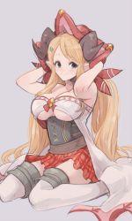 Rule 34 | 1girl, blonde hair, blue eyes, breasts, colorized, draph, granblue fantasy, gucha (netsu), hallessena, horns, large breasts, long hair, low twintails, over-kneehighs, plaid, plaid skirt, pointy ears, sidelocks, simple background, sitting, skirt, smile, solo, thighhighs, twintails