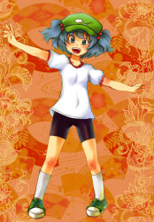 Rule 34 | 1girl, akenoin soumon, alternate costume, bike shorts, blue eyes, blue hair, female focus, gym uniform, hair bobbles, hair ornament, kawashiro nitori, kneehighs, looking at viewer, matching hair/eyes, orange background, outstretched arms, shoes, short twintails, shorts, sneakers, socks, solo, spread arms, touhou, twintails, two side up, white socks