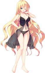 Rule 34 | 1girl, absurdres, barefoot, black panties, blonde hair, blush, breasts, collarbone, full body, gluteal fold, hand on own hip, hand to head, highres, large breasts, lingerie, long hair, looking at viewer, official art, one eye closed, open mouth, panties, shougun-sama wa otoshigoro, shouna mitsuishi, solo, standing, strap slip, tokugawa muneharu, transparent background, underwear, very long hair