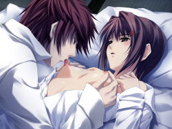 Rule 34 | 1boy, 1girl, bed, blush, breasts, brother and sister, brown eyes, brown hair, closed eyes, dress shirt, dutch angle, flat chest, game cg, grabbing, grabbing another&#039;s breast, hair intakes, hair ornament, hairclip, hetero, incest, kudou sousuke, kudou yuzuha, licking, licking breast, lying, nipple stimulation, nipple tweak, nipples, no bra, off shoulder, on back, open clothes, open mouth, open shirt, pianissimo (game), pillow, pp: pianissimo, purple hair, red hair, shirt, short hair, siblings, spiked hair, sugina miki, tongue, upper body, yellow eyes
