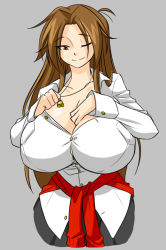 Rule 34 | 1girl, breasts, brown eyes, brown hair, cleavage, cleavage reach, clothes around waist, cowboy shot, ego trigger, grey background, huge breasts, long hair, matsu-sensei, mattie (ego trigger), mattie (ego trigger), one eye closed, original, shirt, narrow waist, smile, solo, sweater, sweater around waist, unbuttoned