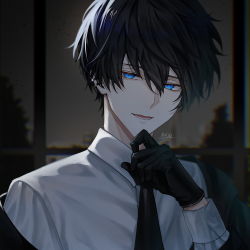 Rule 34 | 1boy, artist name, black gloves, black hair, black jacket, black necktie, blue eyes, blurry, blurry background, building, collared shirt, commentary request, ear piercing, earrings, formal, gloves, hair between eyes, hand on own chin, hand up, highres, indoors, jacket, jewelry, long sleeves, looking at viewer, makura wet, male focus, necktie, off shoulder, open mouth, original, piercing, round teeth, shirt, short hair, signature, sky, smile, solo, teeth, tree, white shirt, window, wing collar