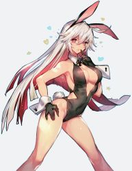 Rule 34 | 1girl, animal ears, bare shoulders, breasts, center opening, cleavage, covered navel, detached collar, fake animal ears, finger to mouth, gloves, groin, guilty gear, guilty gear xrd, hand on own hip, heart, jack-o&#039; valentine, jewelry, large breasts, leotard, long hair, multicolored hair, necklace, oro (sumakaita), playboy bunny, rabbit ears, rabbit tail, red eyes, red hair, rosary, sideboob, solo, star (symbol), tail, two-tone hair, white background, white hair, wrist cuffs
