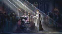 Rule 34 | armor, candle, cape, church, commentary, crowd, crown, fantasy, fur trim, helmet, highres, holding, indoors, knight, knighting, kosian, light rays, on one knee, original, plate armor, queen, sunbeam, sunlight, sword, weapon, wide sleeves