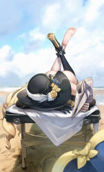 Rule 34 | 1girl, ass, black hat, blonde hair, blue sky, cloud, commentary request, day, flower, genshin impact, hat, hat flower, high heels, highres, le (huanglongen), long hair, navia (genshin impact), rose, sand, shoes, single shoe, sky, solo, very long hair, yellow flower, yellow rose