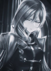Rule 34 | 1girl, aiguillette, bad id, bad pixiv id, blackfangs, blurry, blurry background, breasts, bruise, bruise on face, buttons, drill hair, epaulettes, greyscale, hair between eyes, hair over shoulder, half-closed eyes, high collar, indoors, injury, jacket, jacket on shoulders, large breasts, light particles, long hair, looking away, looking down, medal, monochrome, parted lips, shoujo kageki revue starlight, shoujo kageki revue starlight -re live-, solo, tsuruhime yachiyo, uniform, upper body