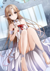 Rule 34 | 10s, 1girl, 3:, absurdres, anklet, arm strap, asuna (sao), bad id, bad pixiv id, bare shoulders, barefoot, bed, brown eyes, brown hair, cage, cameltoe, crotch, dutch angle, ear covers, elf, fairy, feet, highres, jewelry, kentaurosu, long hair, long legs, looking at viewer, nervous, panties, pantyshot, pointy ears, ribbon, sitting, solo, sword art online, titania (sao), toes, underwear, very long hair, white panties