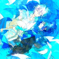 Rule 34 | 10t (1010), 2boys, blue eyes, blue hair, book, closed eyes, flying paper, male focus, multiple boys, nezumi (no.6), no.6, paper, scarf, shion (no.6), short hair, short ponytail, smile, white hair