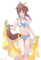 Rule 34 | 1girl, :d, animal ears, bikini, blue bikini, blush, bone hair ornament, breasts, brown hair, brown tail, cleavage, dog ears, dog girl, dog tail, flower, fukahire (ruinon), hair between eyes, hair ornament, holding, holding towel, hololive, inugami korone, jewelry, long hair, looking at viewer, medium breasts, navel, open mouth, orange eyes, pendant, ponytail, sandals, smile, solo, standing, stomach, sunflower, swimsuit, tail, towel, virtual youtuber, white background