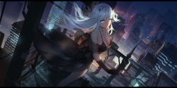 Rule 34 | 1girl, aqua eyes, artist name, azur lane, balcony, bare shoulders, black dress, black flower, black gloves, black heart (neptunia), breasts, building, choker, choujigen game neptune, city, city lights, cityscape, cleavage, closed mouth, collarbone, commentary request, dress, dutch angle, floating hair, flower, gloves, hair between eyes, hair ornament, highres, jewelry, large breasts, letterboxed, looking at viewer, necklace, neptune (series), night, night sky, noire (neptunia), outdoors, rose, see-through, sky, skyscraper, smile, solo, standing, swd3e2, symbol-shaped pupils, watermark, white hair, wind, wind lift