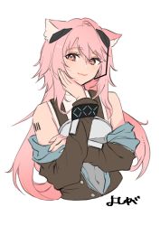 Rule 34 | 1girl, :3, animal ears, arknights, armor, artist name, barcode, barcode tattoo, bare shoulders, breastplate, brown jacket, earpiece, gravel (arknights), highres, jacket, long hair, looking at viewer, mouse ears, off shoulder, open clothes, open jacket, pink eyes, pink hair, shoulder tattoo, simple background, smile, solo, tattoo, upper body, very long hair, white background, yoshiga
