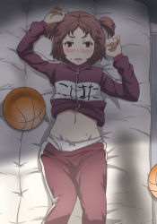 Rule 34 | 10s, 1girl, ball, banboro (technobot), basketball, basketball (object), black rock shooter, blush, bow, bow panties, brown eyes, brown hair, clothes lift, clothes pull, futon, groin, jacket, kohata arata, looking at viewer, lying, navel, on back, open mouth, panties, pants, pants pull, shirt lift, short hair, short twintails, solo, sweat, track jacket, track pants, twintails, underwear, white panties, zipper