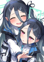 Rule 34 | &lt;key&gt; (blue archive), 2girls, absurdly long hair, aris (blue archive), black hair, black hairband, blue archive, blue necktie, blush, closed eyes, collared shirt, fingernails, green halo, hairband, halo, highres, hug, hug from behind, jacket, long hair, long sleeves, minazumi souka, multiple girls, necktie, one side up, open clothes, open jacket, open mouth, red eyes, shirt, simple background, smile, twitter username, very long hair, white background, white jacket, white shirt