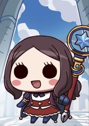 Rule 34 | 1girl, april fools, black eyes, blue gloves, blush stickers, brown hair, chibi, cloud, day, dress, fate/grand order, fate (series), gloves, highres, holding, holding staff, leonardo da vinci (fate), leonardo da vinci (rider) (fate), long hair, no nose, official art, open mouth, puffy short sleeves, puffy sleeves, red dress, riyo (lyomsnpmp), short sleeves, smile, solo, staff