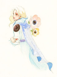 Rule 34 | 1990s (style), 1girl, blonde hair, cape, female focus, final fantasy, final fantasy iv, final fantasy iv: the after years, flower, long hair, robe, rosa farrell, shoulder pads, solo, white background, yama-biko, yamabikobeny