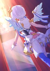Rule 34 | 1girl, alternate costume, amane kanata, angel, angel wings, backstage, bare arms, blue thighhighs, blue wings, chiyonekoko, cross-laced clothes, dutch angle, facing away, feathered wings, feet out of frame, from behind, gloves, gradient wings, halo, highres, hololive, hololive idol uniform, idol, idol clothes, miniskirt, multicolored hair, multicolored wings, pink hair, short hair, silver hair, skirt, sleeveless, solo, stage, star halo, streaked hair, thighhighs, virtual youtuber, white gloves, white wings, wing ribbon, wings