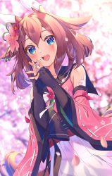 Rule 34 | 1girl, absurdres, animal ears, blue eyes, blurry, blurry background, blush, cherry blossoms, commentary request, detached sleeves, flower, hair between eyes, hair flower, hair ornament, highres, horse ears, horse girl, horse tail, looking at viewer, medium hair, open mouth, petals, sakura chiyono o (umamusume), solo, tail, umamusume, yupiteru