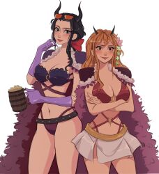 Rule 34 | 2girls, armor, bikini, black hair, black horns, blue eyes, cape, commentary, cowboy shot, crossed arms, cup, eyewear on head, fake horns, fur cape, gloves, hair ornament, hair ribbon, highres, holding, holding cup, horns, looking at viewer, multiple girls, nami (one piece), nico robin, o-ring, one piece, orange eyes, orange hair, ponytail, purple cape, purple gloves, red ribbon, ribbon, shmalloe, shoulder armor, sidelocks, skirt, smile, swimsuit, symbol-only commentary