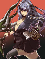 Rule 34 | 1girl, arrow (projectile), black thighhighs, blue hair, boots, bow (weapon), breasts, cleavage, garter straps, gauntlets, grin, hair ribbon, highres, knee boots, monster hunter, monster hunter (series), monster hunter frontier, monster hunter frontier online, nekotama1987, red eyes, ribbon, smile, solo, strap gap, thighhighs, weapon