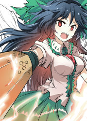 Rule 34 | &gt;:d, 1girl, :d, arm cannon, bird wings, black hair, black wings, bow, breasts, commentary request, foreshortening, frilled shirt collar, frills, green bow, green skirt, hair bow, large breasts, long hair, looking at viewer, open mouth, puffy short sleeves, puffy sleeves, red eyes, reiuji utsuho, shirt, short sleeves, skirt, smile, solo, suichuu hanabi, third eye, touhou, upper body, v-shaped eyebrows, weapon, white shirt, wings