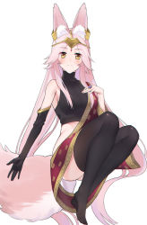 Rule 34 | 1girl, animal ear fluff, animal ears, bare shoulders, black gloves, black shirt, black thighhighs, blush, breasts, circlet, closed mouth, crop top, earrings, elbow gloves, fate/grand order, fate (series), fox ears, fox girl, fox tail, gloves, highres, indian clothes, jewelry, koyanskaya (fate), koyanskaya (indian lostbelt outfit) (fate), large breasts, long hair, looking at viewer, neee-t, parted bangs, pink hair, sash, shirt, sidelocks, simple background, single glove, smile, solo, tail, tamamo (fate), thighhighs, very long hair, white background, yellow eyes