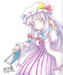 Rule 34 | 1girl, blue ribbon, blush, book, breasts, coat, crescent, crescent hair ornament, dress, frilled dress, frilled sleeves, frills, hair ornament, hat, highres, long hair, mob cap, patchouli knowledge, purple eyes, purple hair, red ribbon, ribbon, sokutenkun, solo, striped, touhou, traditional media