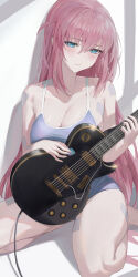 Rule 34 | 1girl, absurdres, bafangyu, bandaid, bandaid on arm, bandaid on breast, bandaid on thigh, blue eyes, blue one-piece swimsuit, blush, bocchi the rock!, breasts, cleavage, collarbone, electric guitar, gotoh hitori, guitar, hair between eyes, half-closed eyes, highres, holding, holding instrument, holding plectrum, instrument, large breasts, long hair, looking at viewer, one-piece swimsuit, pink hair, plectrum, school swimsuit, seiza, sitting, solo, swimsuit, thighs