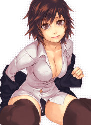 Rule 34 | 1girl, bad id, bad pixiv id, black thighhighs, breasts, brown eyes, brown hair, cleavage, large breasts, looking at viewer, original, shirt, short hair, sitting, solo, thighhighs, undressing, wariza, white shirt, yuuji (and)