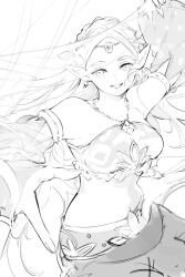 Rule 34 | 1girl, bare shoulders, breasts, cowboy shot, crop top, detached sleeves, earrings, flower, greyscale, hair flower, hair ornament, halterneck, harem outfit, head chain, jewelry, long hair, looking at viewer, medium breasts, midriff, monochrome, nintendo, parted lips, pointy ears, princess zelda, sketch, smile, solo, ten 1397xx, the legend of zelda, the legend of zelda: breath of the wild, thick eyebrows
