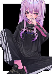 Rule 34 | 1girl, absurdres, chain, chain necklace, earrings, eyelashes, highres, hololive, jewelry, kmgrru, long hair, long sleeves, necklace, nike (company), pants, pink eyes, pink hair, ring, shoes, simple background, sitting, skull earrings, sneakers, solo, streetwear, turtleneck, uruha rushia, virtual youtuber