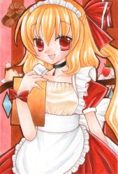 Rule 34 | 1girl, alternate costume, apron, bad id, bad pixiv id, blonde hair, cake, choker, crystal, dessert, dress, enmaided, erisa, female focus, flandre scarlet, food, fruit, maid, maid apron, maid headdress, open mouth, pastry, pudding, puffy sleeves, red eyes, ribbon, short hair, short sleeves, side ponytail, smile, solo, strawberry, touhou, traditional media, tray, wings