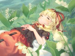 Rule 34 | 1girl, black shirt, blonde hair, closed eyes, flower, grass, hair ribbon, lily of the valley, lying, medicine melancholy, on back, outdoors, own hands together, parted lips, red ribbon, red skirt, ribbon, shirt, short hair, short sleeves, skirt, sleeping, solo, touhou, wankosoba