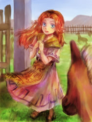 Rule 34 | 1girl, aruba, blue eyes, epona, highres, long hair, malon, nintendo, open mouth, red hair, skirt, solo, solo focus, the legend of zelda, the legend of zelda: ocarina of time, wind