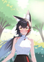 Rule 34 | 1girl, animal ear fluff, animal ears, bare arms, bare shoulders, black hair, black skirt, brown eyes, cowboy shot, double-parted bangs, grin, hair ornament, hairclip, halter shirt, halterneck, highres, hololive, kani bonara, long hair, looking at viewer, low ponytail, multicolored hair, official alternate costume, ookami mio, ookami mio (street), outdoors, red hair, shirt, sidelocks, skirt, sleeveless, sleeveless shirt, smile, solo, streaked hair, taut clothes, taut shirt, very long hair, virtual youtuber, white shirt, wide ponytail, wolf ears, yellow eyes