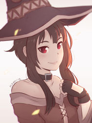 Rule 34 | 10s, 1girl, artist name, bad source, bare shoulders, black collar, black gloves, blurry, blush, brown hair, brown hat, buckle, closed mouth, collar, collarbone, depth of field, dress, fingerless gloves, flat chest, gloves, grey background, hand on own chest, hat, kono subarashii sekai ni shukufuku wo!, koyorin, lips, long sleeves, looking at viewer, megumin, motion blur, off-shoulder dress, off shoulder, pink lips, portrait, red dress, red eyes, short hair with long locks, sidelocks, simple background, smile, solo, tsurime, upper body, witch hat