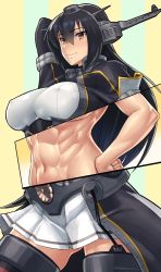 Rule 34 | 1girl, abs, arm up, black gloves, black hair, brown eyes, clenched hand, commentary request, covered erect nipples, elbow gloves, gloves, gluteal fold, hand on own hip, headgear, kantai collection, long hair, looking at viewer, meat day, mikoyan, miniskirt, muscular, muscular female, nagato (kancolle), nagato kai ni (kancolle), navel, pleated skirt, skirt, smile, solo, thighhighs, white skirt, x-ray