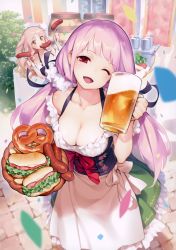 Rule 34 | ;d, absurdres, alcohol, beer, beer mug, bow, breasts, cleavage, cup, food, gayarou, highres, hot dog, large breasts, long hair, looking at viewer, mug, one eye closed, open mouth, sandwich, sausage, smile, twintails