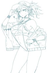 Rule 34 | 1girl, alternate costume, baseball cap, breasts, choker, cleavage, dog tags, earrings, goddess of victory: nikke, hand on headwear, hat, highres, jacket, jewelry, large breasts, lineart, monochrome, navel, off-shoulder jacket, off shoulder, open clothes, open jacket, simple background, solo, sweat, swimsuit, white background, yulha (nikke), zenisu