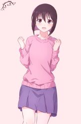 Rule 34 | 1girl, :d, absurdres, artist logo, artist name, azumanga daiou, black hair, blunt ends, blush, bob cut, breasts, brown eyes, casual, clenched hands, collarbone, colored inner hair, commentary, cowboy shot, english commentary, hair between eyes, hands up, highres, inverted bob, kaori (azumanga daioh), kurumimi birb, light blush, long sleeves, looking at viewer, multicolored hair, open mouth, pink background, pink sweater, pleated skirt, purple hair, purple skirt, short hair, signature, simple background, skirt, small breasts, smile, solo, standing, sweater, w arms