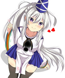 Rule 34 | 1girl, absurdres, black thighhighs, blue hat, blue skirt, breasts, closed mouth, collarbone, commentary request, hat, heart, highres, japanese clothes, kariginu, large breasts, long hair, long sleeves, looking at viewer, mimikaki, mononobe no futo, pleated skirt, pom pom (clothes), purple eyes, ribbon-trimmed sleeves, ribbon trim, rou neko (bbaaa333), simple background, skirt, smile, solo, tate eboshi, thighhighs, touhou, very long hair, white background, wide sleeves