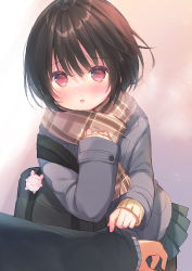Rule 34 | 1boy, 1girl, bag, bag charm, black hair, black jacket, black pantyhose, blush, brown scarf, charm (object), clothes grab, commentary request, fringe trim, grey jacket, grey skirt, hair between eyes, hand up, highres, jacket, long sleeves, looking at viewer, original, pantyhose, parted lips, plaid, plaid scarf, pleated skirt, red eyes, scarf, school bag, skirt, sleeve grab, sleeves past wrists, solo focus, usashiro mani